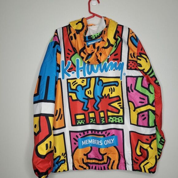 Members Only x Keith Haring colorful graffiti zip front hooded windbreaker XL - Picture 2 of 11